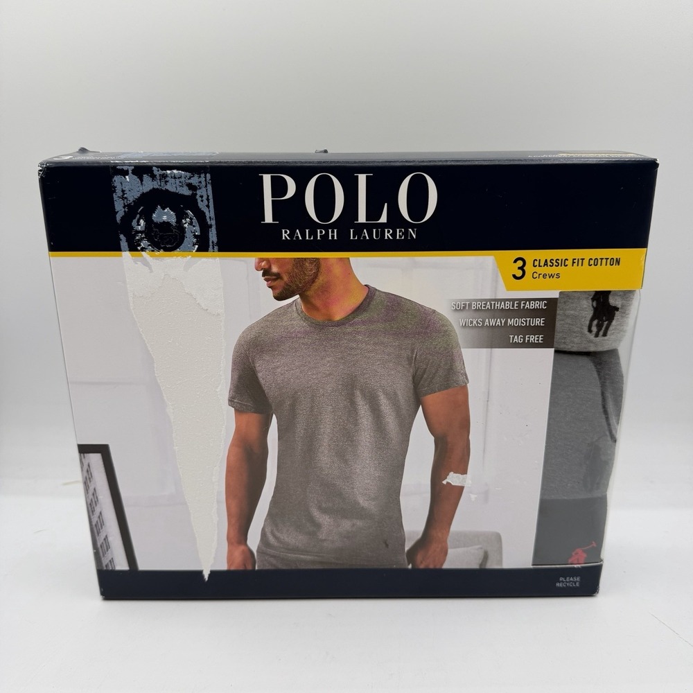 Polo Ralph Lauren 3 Pk Classic Fit Wicking Crew T-Shirt Sz S Grey-Charcoal-Black